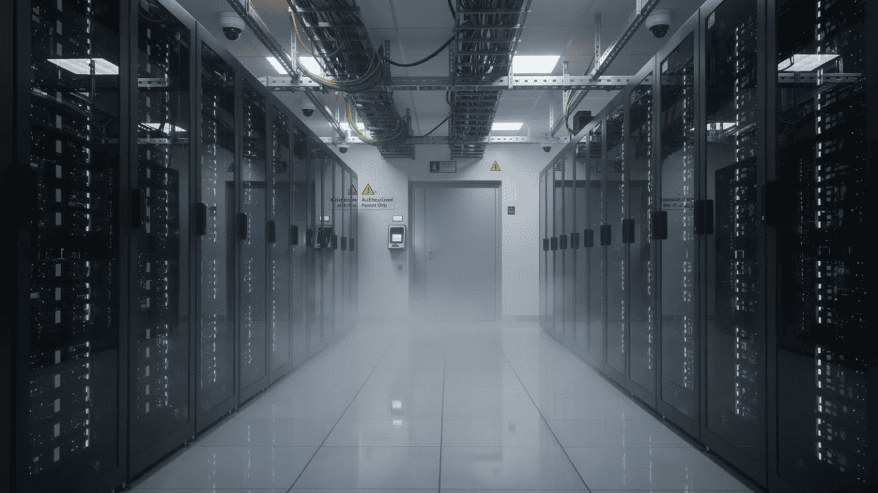图片描绘了一个安全的数据中心，里面摆满了井然有序的服务器机架，展示了先进的安全基础设施，旨在保护关键的 DNS 数据，确保系统安全扩展（如 DNSSEC 验证）。该环境强调了保护 DNS 查询和维护域名系统完整性的重要性。 