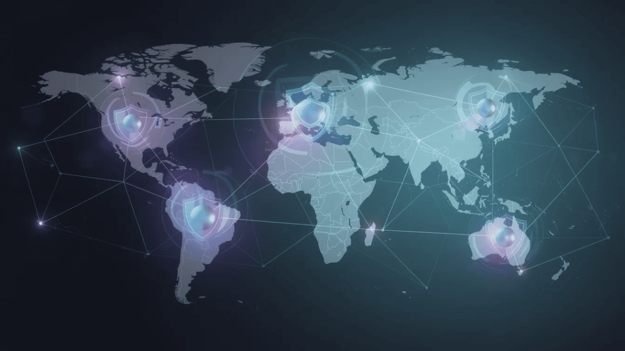 这是一幅抽象的图片，描绘了一个节点相互连接的全球网络，上面覆盖着象征 DNS 数据保护的安全盾牌。这种可视化表现形式突出了 DNS 安全和 DNSSEC 验证在防范 DNS 欺骗和缓存中毒等威胁方面的重要性。 