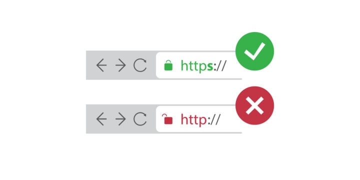 Browser Address Bars Showing Secure and Insecure Web Addresses - Mandatory Secure Browsing, Encoded Transfers and Connections Trend Concept