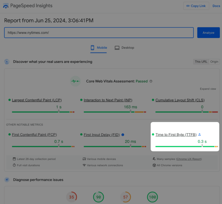 TTFB in PageSpeed Insights da Chrome User Experience Report (CrUX)