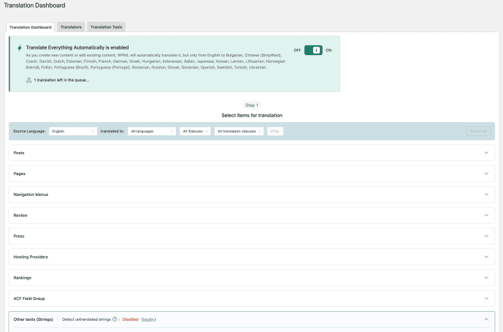WPML Dashboard